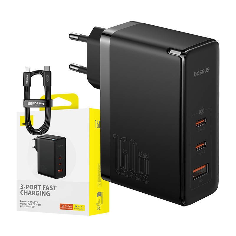 Ładowarka sieciowa Baseus GaN5 Pro 2xUSB-C + USB, 160W (czarna)