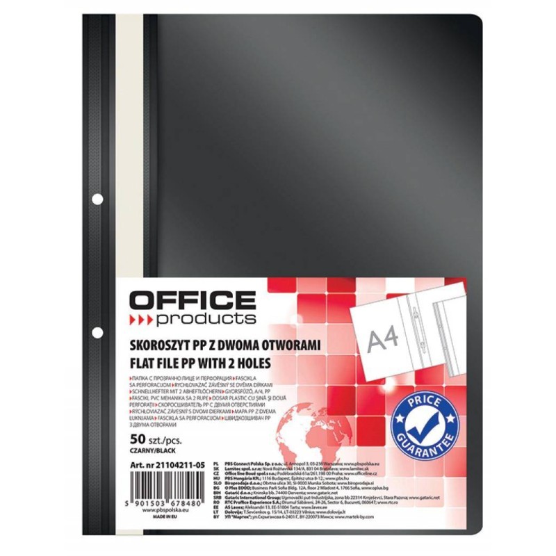 Skoroszyt wpinany A4 OFFICE PRODUCTS 2 otwory czarny PP 100/170mikr