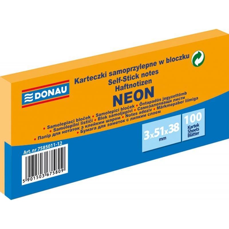 KARTECZKI SAMOPRZYLEPNE 38X51MM DONAU NEON POMARAŃCZOWE 3X100KART