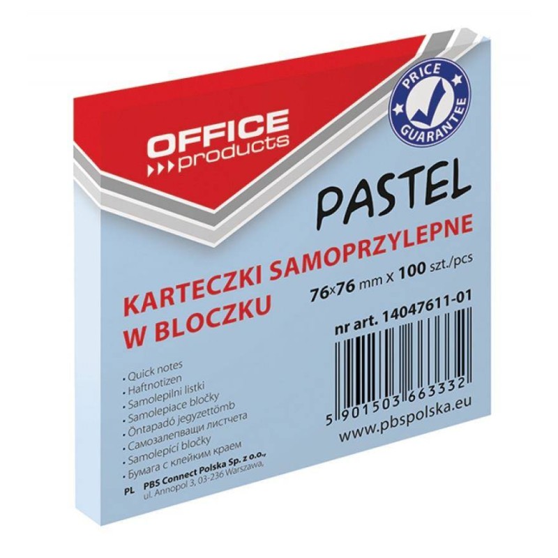 KARTECZKI SAMOPRZYLEPNE 76X76MM OFFICE PRODUCTS PASTELOWE NIEBIESKIE 100KART