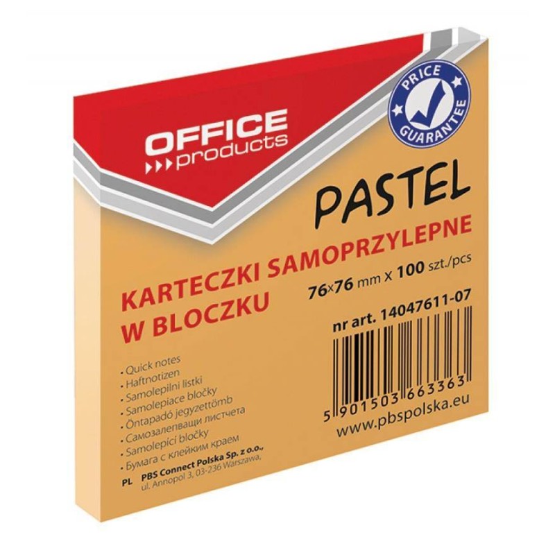 KARTECZKI SAMOPRZYLEPNE 76X76MM OFFICE PRODUCTS PASTELOWE POMARAŃCZOWE 100KART