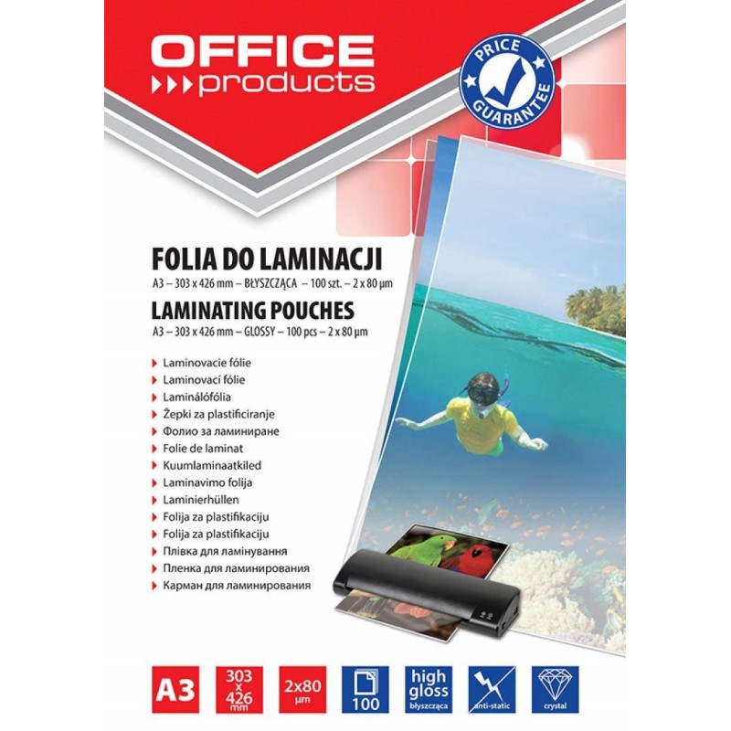 FOLIA DO LAMINOWANIA BŁYSZCZĄCA A3 OFFICE PRODUCTS 80MIC 100 SZT