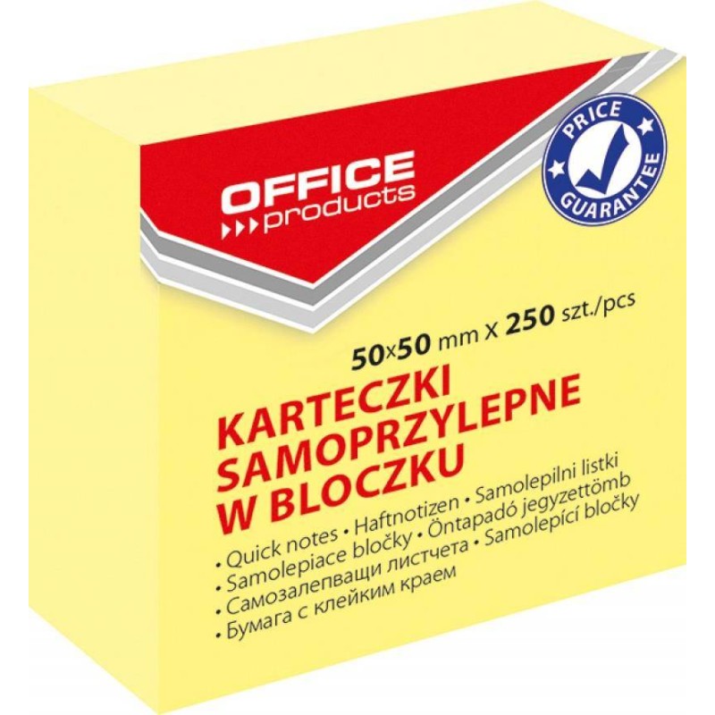 KARTECZKI SAMOPRZYLEPNE 50X50MM OFFICE PRODUCTS PASTELOWE JASNOŻÓŁTE 250KART