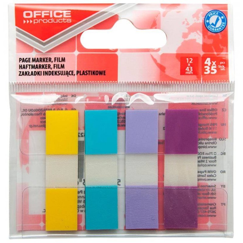 ZAKŁADKI INDEKSUJĄCE FOLIOWE 12X43MM OFFICE PRODUCTS MIX KOLORÓW PASTEL 4X35 SZT