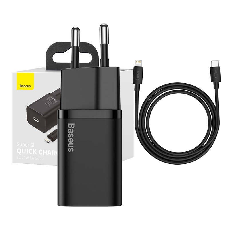 ŁADOWARKA SIECIOWA BASEUS SUPER SI QUICK CHARGER 1C 20W Z PRZEWODEM USB-C DO LIGHTNING 1M (CZARNA)