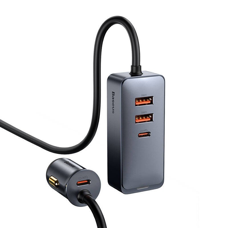 ŁADOWARKA SAMOCHODOWA BASEUS SHARE TOGETHER Z PRZEDŁUŻACZEM, 2X USB, 2X USB-C, 120W (SZARA)