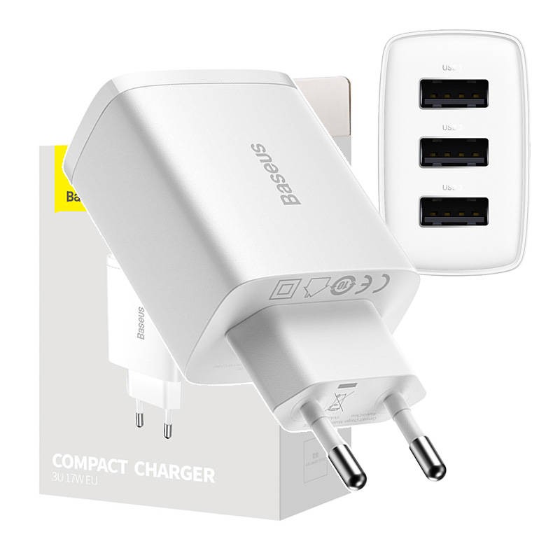 ŁADOWARKA SIECIOWA BASEUS COMPACT QUICK CHARGER, 3X USB, 17W (BIAŁA)