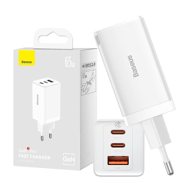 ŁADOWARKA SIECIOWA BASEUS GAN5 PRO 2XUSB-C + USB, 65W (BIAŁA)