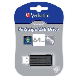 VERBATIM USB FLASH DISK, USB 2.0, 64GB, PINSTRIPE, STORE N GO, CZARNY, 49065, USB A, Z WYSUWANYM ZŁĄCZEM