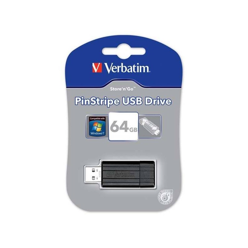 VERBATIM USB FLASH DISK, USB 2.0, 64GB, PINSTRIPE, STORE N GO, CZARNY, 49065, USB A, Z WYSUWANYM ZŁĄCZEM