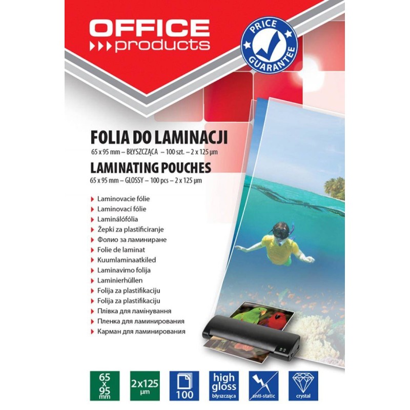 FOLIA DO LAMINOWANIA BŁYSZCZĄCA 65X95MM OFFICE PRODUCTS 125MIC 100 SZT