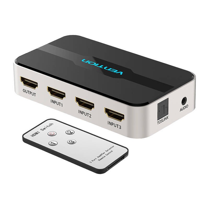 PRZEŁĄCZNIK SWITCHER 3 IN 1 OUT HDMI VENTION AFJH0 Z SEPARACJĄ AUDIO (SZARY)