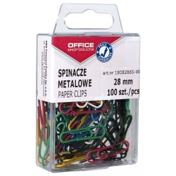 SPINACZE OKRĄGŁE 28MM OFFICE PRODUCTS MIX KOLORÓW METALOWE POWLEKANE W ZAWIESZANYM POJEMNIKU PLASTIKOWYM 100SZT.