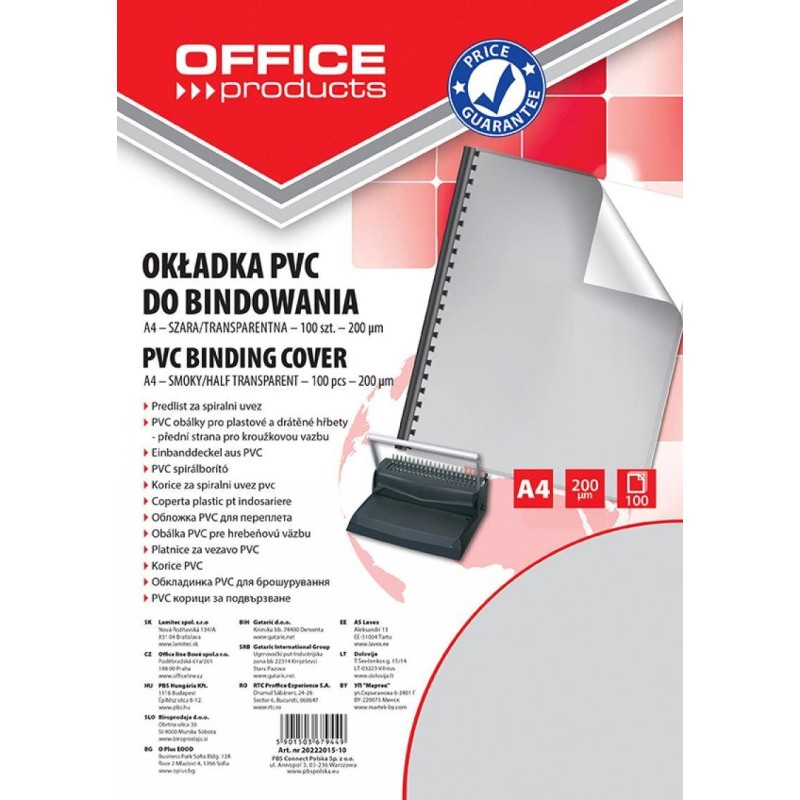 FOLIA DO BINDOWANIA A4 OFFICE PRODUCTS PRZEZROCZYSTA SZARA 200MIC 100 SZT