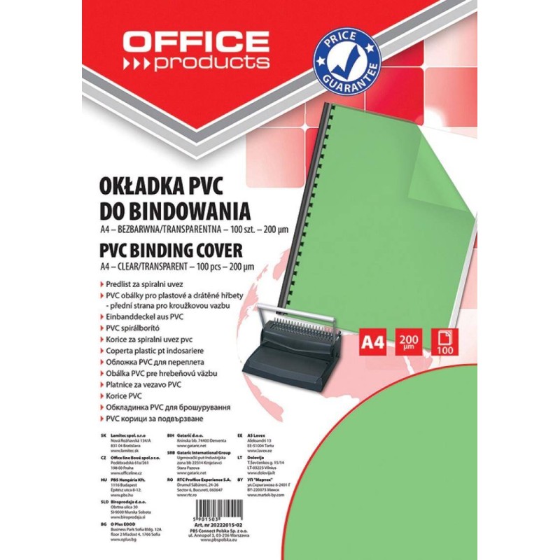 FOLIA DO BINDOWANIA A4 OFFICE PRODUCTS PRZEZROCZYSTA ZIELONA 200MIC 100 SZT