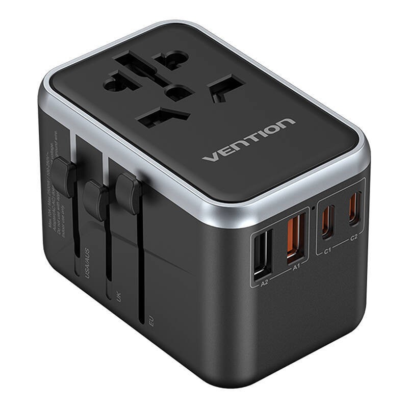 Adapter podróżny uniwersalny 65W Vention FJFB0 GaN 2xUSB-C 2xUSB-A (czarny)