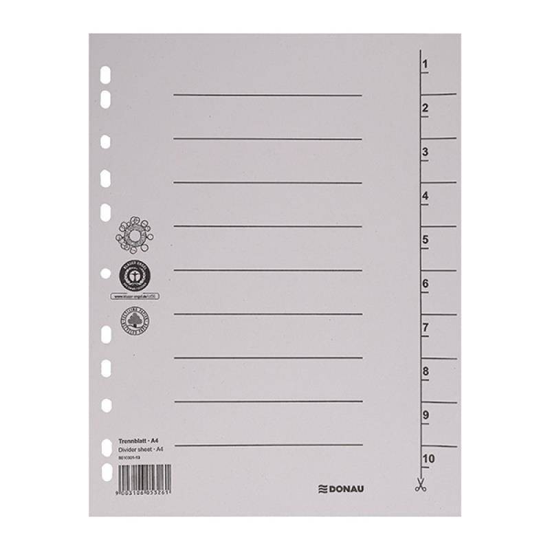 PRZEKŁADKI 1-10 A4 DONAU Z PERFORACJĄ SZARE KARTON 250G/M² 100SZT